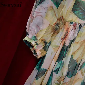 Svoryxiu 2021 Noi de Vara pentru Femei Pistă de Moda Rochie Maxi Elegantă Arc Guler Lantern Maneca Galben Floare de Imprimare Rochii Lungi
