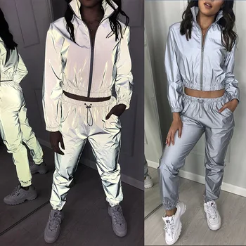Femei Trening 2 Piese Set Hip Hop Reflectorizante Crop Top Moda Femei Pantaloni cu Fermoar Jacheta Haina Streetwear Seturi de Potrivire S-XXXL