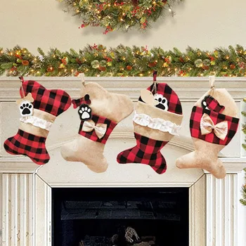 Pentru Animale De Companie Câine Pisică Cadou Titularul Șosete Os De Pește Crăciun Pandantiv Agățat Ornamente Șosete Crăciun Copaci Sac Buffalo Plaid Ciorap Ciorap