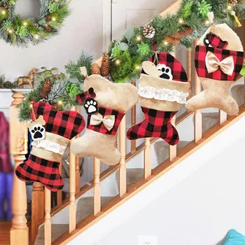 Pentru Animale De Companie Câine Pisică Cadou Titularul Șosete Os De Pește Crăciun Pandantiv Agățat Ornamente Șosete Crăciun Copaci Sac Buffalo Plaid Ciorap Ciorap