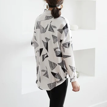 Primăvara Geometrice Imprimare Șifon Bluze pentru Femei Topuri-Un Buzunar Vrac Negru Bluza Tricou Femei Tricouri Casual 2019 blusas mujer