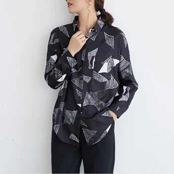 Primăvara Geometrice Imprimare Șifon Bluze pentru Femei Topuri-Un Buzunar Vrac Negru Bluza Tricou Femei Tricouri Casual 2019 blusas mujer