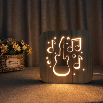 Chitara din Lemn 3D LED Lumini de Noapte Creative Instrumente Muzicale Birou Lampă de Masă pentru Prietenul Cadou Lumina Alb Cald