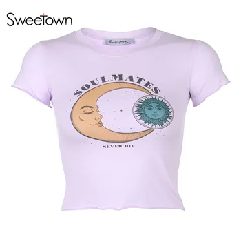 Sweetown Luna Și Soarele Tipărite Drăguț De Vară Culturilor Topuri Pentru Femei Maneci Scurte Gât O Trunchiate Tricou Roz Tricotate Streetwear