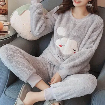 Pijama Femei Flanel Gros Feminin Cald Iarna Set Pijama cu Maneci Lungi Pantaloni Complete Doua Piese, Pijamale Animal de Desene animate bufnita