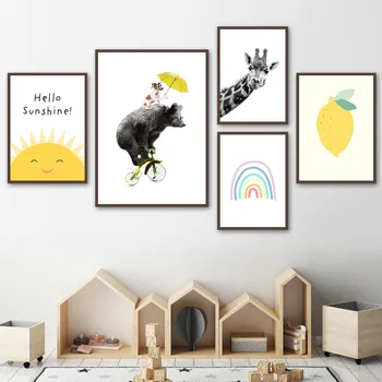 Arta De Perete Panza Pictura Galben Umbrela Caine Urs Girafa Lamaie Desene Animate Nordic Postere Si Printuri Poze De Perete Pentru Camera Copii