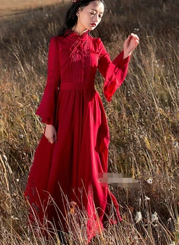 2020 Toamna New Sosire Retro De Înaltă Calitate Stil Printesa Flare Sleeve Femei Șifon Rochie Lungă Roșie