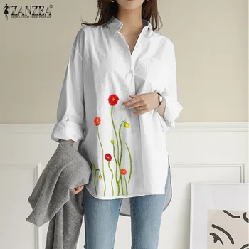 Femei Casual Neregulate Mâneci Lungi Topuri Solidă Tricou de Bumbac Plus Dimensiune 5XL Moda Toamna Bluze ZANZEA Broderii Florale Blusa