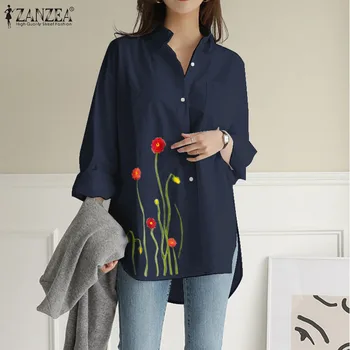 Femei Casual Neregulate Mâneci Lungi Topuri Solidă Tricou de Bumbac Plus Dimensiune 5XL Moda Toamna Bluze ZANZEA Broderii Florale Blusa