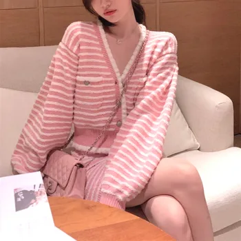 Tricot 2 Bucata Set Femei cu Dungi Elegante, Office pulover Pulover Cardigan Feminin Strat+mini-Fusta și Top Set Stil coreean Tinuta 2020
