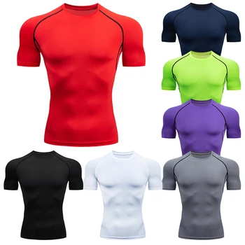 Bărbați de Funcționare T-Shirt iute Uscat Compresie Maieu Sport Sală de Fitness, Colanti Bluza Teuri de sex Masculin de Fotbal Jersey Negru Sport