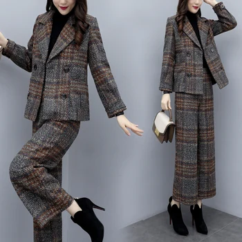 Coreea De Lână Carouri Ol Stil Două Piese Pantaloni Seturi Costume Femei 2020 Iarna Crestate Guler Blana + Pantaloni Largi Picior Haine De Moda