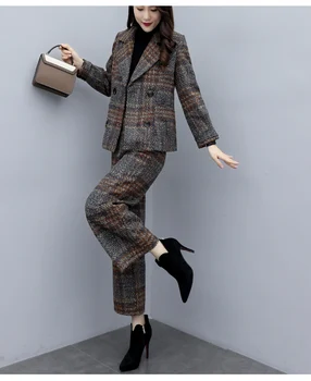 Coreea De Lână Carouri Ol Stil Două Piese Pantaloni Seturi Costume Femei 2020 Iarna Crestate Guler Blana + Pantaloni Largi Picior Haine De Moda