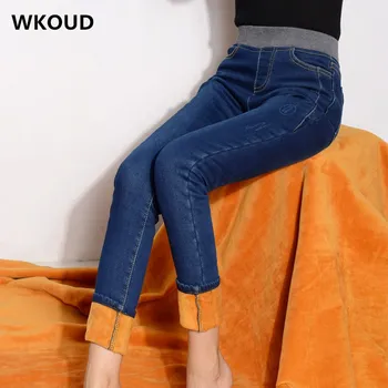 WKOUD Plus Dimensiune Blugi Femei Talie Mare Întindere Cald Jean Negru Denim Pantaloni de Iarnă se Ingroase Creion Pantaloni Blugi Mujer P8530