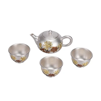 999 argint set de ceai set complet de acasă oală de argint placat cu aur crizantema ceainic ceai Kung Fu ceremonia ceainic ceainic