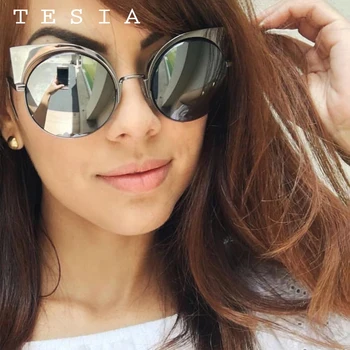 TESIA Brand Rotund ochelari de Soare Femei Mercur Acoperire Ochi de Pisica Oglindă Ochelari de Soare Designer de sex Feminin Lunetă T1010