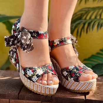 MCCKLE Femei Vara Sandale Pană de sex Feminin Floral Bowknot Platforma cu Toc de Moda Boem Glezna Curea sandale Pantofi Doamnelor