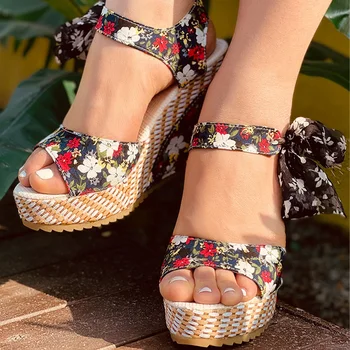MCCKLE Femei Vara Sandale Pană de sex Feminin Floral Bowknot Platforma cu Toc de Moda Boem Glezna Curea sandale Pantofi Doamnelor