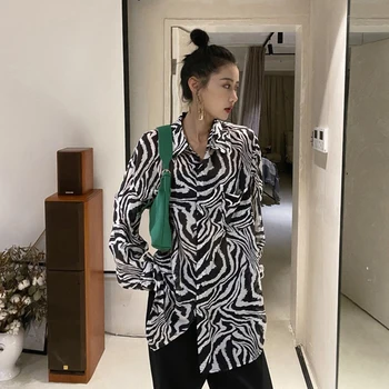 [MEM] Femei Vintage Model Zebra Mare Dimensiune Bluza Noua Rever Maneca Lunga Tricou Vrac se Potrivi de Moda Valul de Primăvară de Toamnă 2021 1DC201