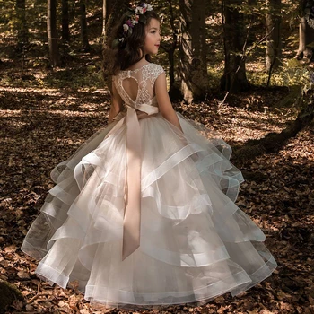 Floare Fata Rochii Elegante De Sampanie Aplicații Din Dantelă Fără Mâneci Cascadă Copii Concurs De Rochii Pentru Nunti Prima Împărtășanie Rochii