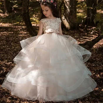 Floare Fata Rochii Elegante De Sampanie Aplicații Din Dantelă Fără Mâneci Cascadă Copii Concurs De Rochii Pentru Nunti Prima Împărtășanie Rochii