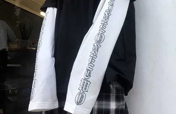 Japonia Harajuku Alb Negru Hip Hop tricouri Barbati Femei Primavara Cuplu Mânecă Lungă Pierde Tricou Casual Scrisoare de Imprimare Tricouri Baieti