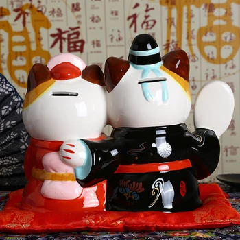 9 inch Nunta Maneki Neko Ornament Ceramic Cuplu Norocos Pisica Acasă Decorative Cadou Feng Shui Figurina pusculita