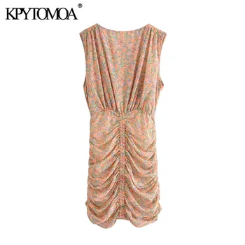KPYTOMOA Femei 2020 Moda Chic Tipărite Drapat Mini Rochie de Epocă fără Mâneci Fermoar Lateral, Cu Căptușeală de sex Feminin Rochii Vestidos
