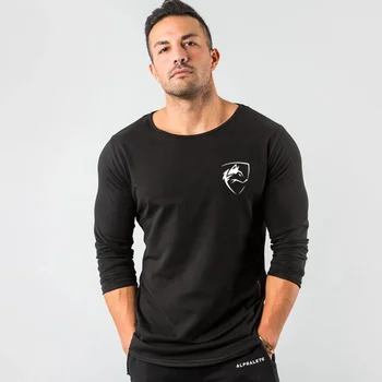 Casual mâneci Lungi T-shirt Toamna Barbati Sală de Fitness Masculin Execută Antrenament Bumbac imprimat O-Neck t camasa Slim Tee Topuri Brand de Îmbrăcăminte