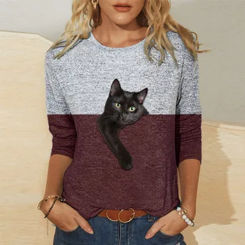2021 Primăvară Drăguț Pisică Imprimare Mozaic Bluza Femei O Gatului Maneca Lunga Bluza Casual Plus Dimensiune Streetwear Topuri Toamna Pulover 3XL