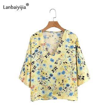 Lanbaiyijia 2018 Europa, America cele mai Noi Femeile Bluza cu Maneci lungi V-neck Floare de imprimare pulover vrac Tricou tricouri Femei Marimea S M L