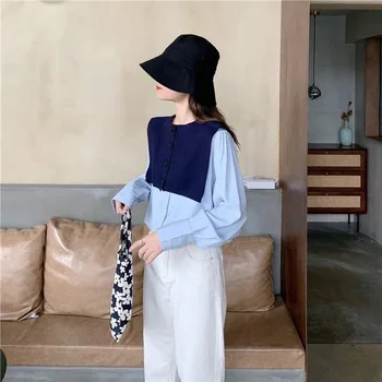 Femei Bluze Camasi cu Tricotate Șal Simplu Pierde Slim coreeană de Moda Trendy Lady Mozaic Liber Casual de zi cu Zi Noi