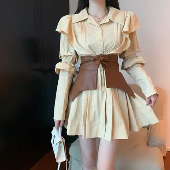 Femei de moda Rochie Camasa cu Maneci Lungi Solidă Plus Dimensiune Lady Chic coreean Rochii Volane Vestidos cu Centura de Dropshipping