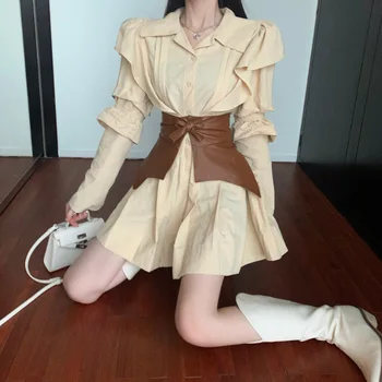 Femei de moda Rochie Camasa cu Maneci Lungi Solidă Plus Dimensiune Lady Chic coreean Rochii Volane Vestidos cu Centura de Dropshipping