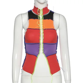 High street casual mozaic tricotate de sex feminin rezervor de top guler fără mâneci 2020 moda streetwear vara elastic sportiv vesta