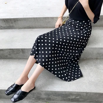 Femei Fusta de Vara 2020 Stil coreean Streetwear Vintage cu Buline Subțire Talie Mare O Linie Șifon Fusta Lunga S-3XL Negru Roșu B157