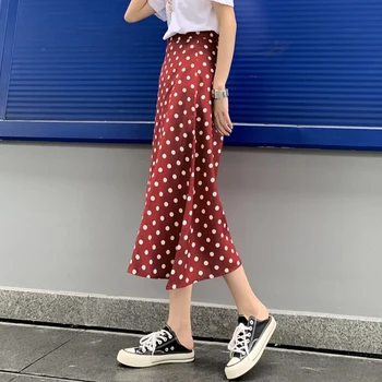 Femei Fusta de Vara 2020 Stil coreean Streetwear Vintage cu Buline Subțire Talie Mare O Linie Șifon Fusta Lunga S-3XL Negru Roșu B157