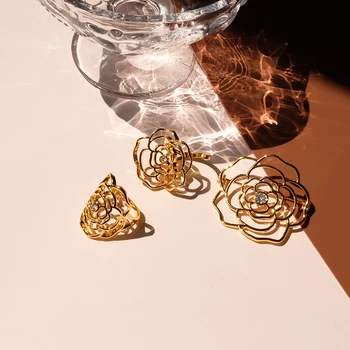 2 Stil Elegant Stras Camellia Modelare Inele pentru Femei la Modă Delicate Tubulare din Metal cu Inel Deschis Celebritate Bijuterii