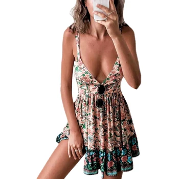 Vara Femei Rochie Boho Suspensor Adânc V-Gât Rochie Fără Mâneci Florale Imprimare Beachwear Sundress