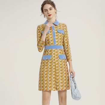 2020 Cădea Nou Stil Boem Stil Retro Print Buzunar Maneca Lunga Slim Temperament Rochie Eleganta Pentru Femei De Înaltă Calitate