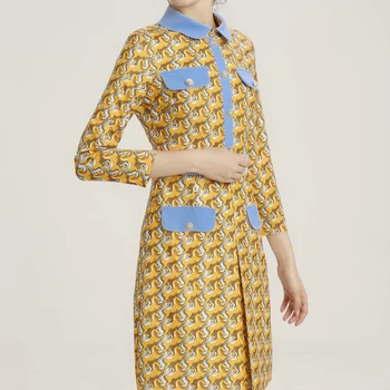 2020 Cădea Nou Stil Boem Stil Retro Print Buzunar Maneca Lunga Slim Temperament Rochie Eleganta Pentru Femei De Înaltă Calitate