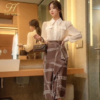 H Han Queen 2 Piese Set Pentru Femei New 2020 Toamna Camasi Cu Maneci Lungi Si Talie Mare Tipărite Zburli Fuste Office Lady Costum Fusta