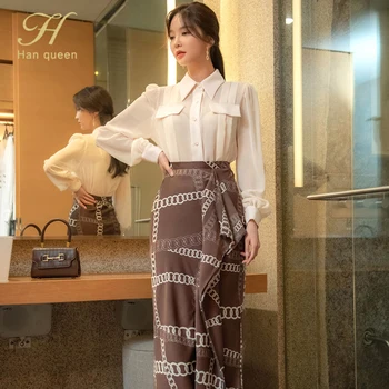 H Han Queen 2 Piese Set Pentru Femei New 2020 Toamna Camasi Cu Maneci Lungi Si Talie Mare Tipărite Zburli Fuste Office Lady Costum Fusta
