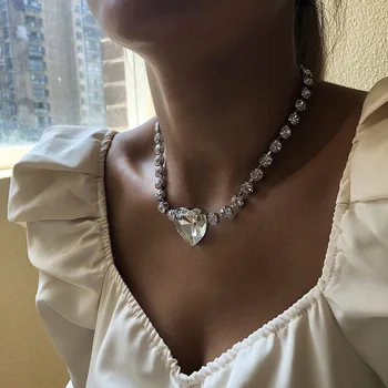 Exknl 2020 Inima Mare Dragoste Pandantiv Stras Colier pentru Femei de Moda de Nuntă Lanț Cristal Colier Gotic Colier Bijuterii
