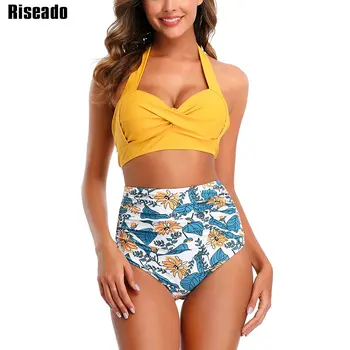 Riseado Push-Up Set De Bikini Talie Mare De Costume De Baie Căpăstru Costume De Baie Femei Florale Imprimare Costum De Baie Răsucite De Plajă, Îmbrăcăminte De Vară 2021