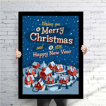 Rezumat Crăciun Iarnă Red House Frumoase Peisaje Pictura Perete Desene Animate Fara Rama Decor Acasă Panza Imprimate, Poster