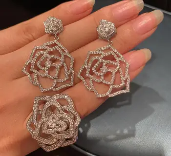 Femei de trei-dimensional de flori elegant lady gol camellia cercei zircon inel set de bijuterii