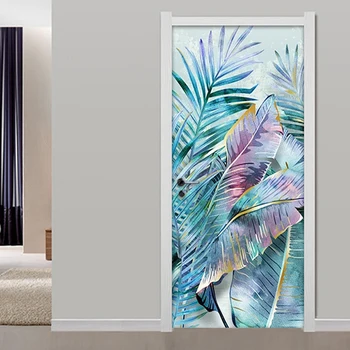 3D Ușa Tapet Autocolant Frunzele Plantelor Modern Living, Dormitor PVC Impermeabil autoadezive Ușa tapete Murale Decor Acasă