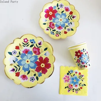 Model floare tacamuri de unica folosinta set de hârtie de unică folosință placa de paie ceașcă de culori pentru nunta de decorare ziua de nastere consumabile partid