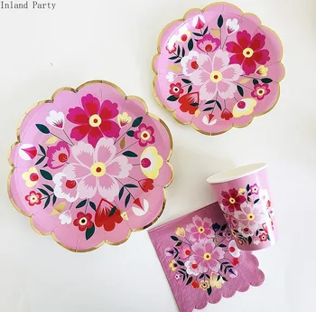 Model floare tacamuri de unica folosinta set de hârtie de unică folosință placa de paie ceașcă de culori pentru nunta de decorare ziua de nastere consumabile partid